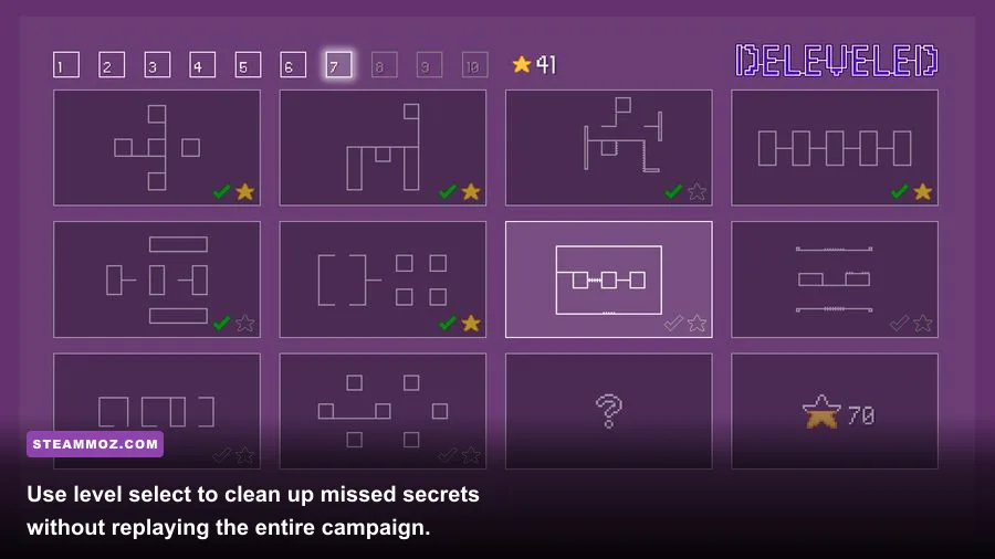 Deleveled level select screen showing completed puzzle stages