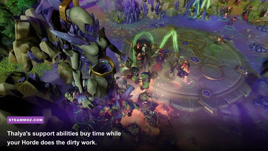 Thalya leading Horde creatures into battle in Dungeons 4