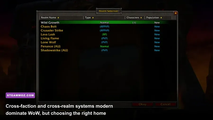 World of Warcraft realm selection menu showing server latency and population status