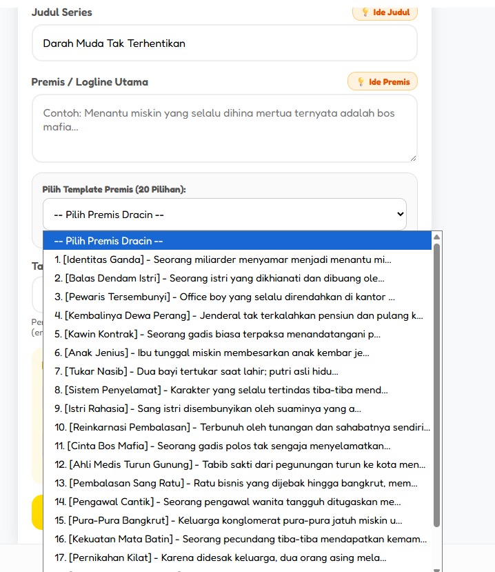 Pilihan Ide Premis dari Judul Utama