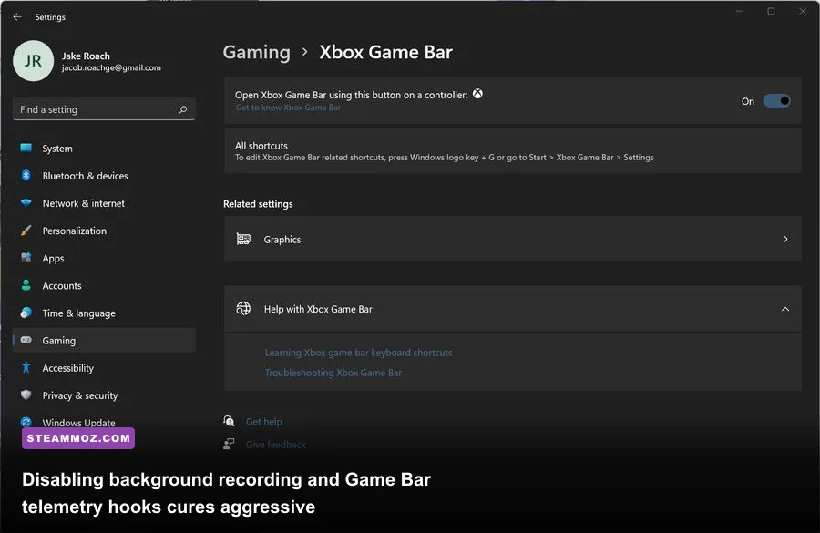 Xbox Game Bar capture settings toggled off to reduce background CPU overhead
