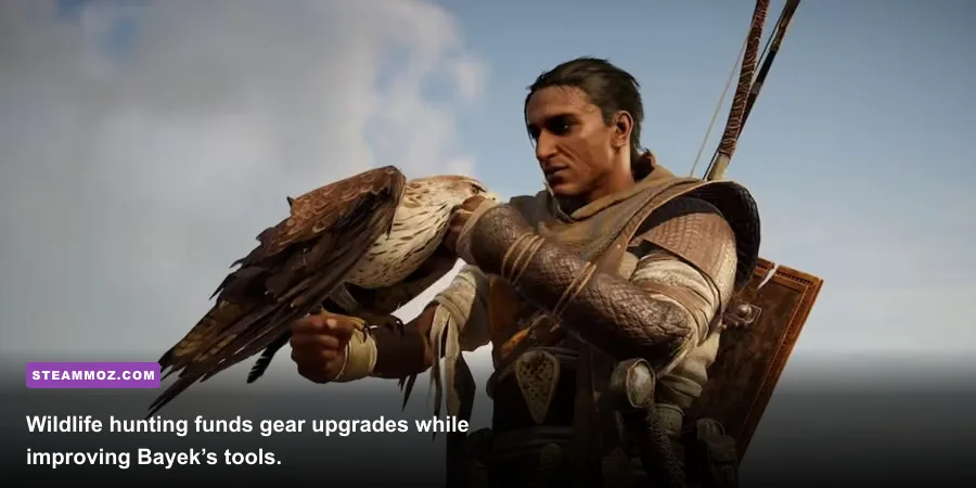 Bayek hunting wildlife for leather and crafting materials in Assassin's Creed Origins