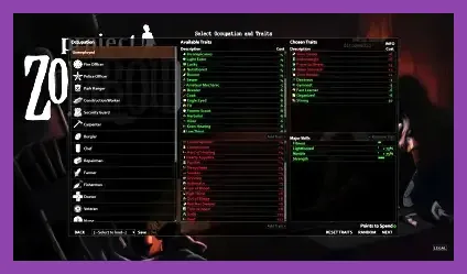 Project Zomboid character trait selection screen
