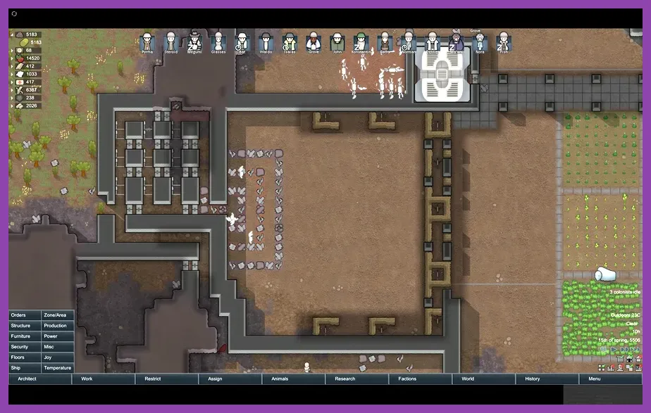 RimWorld late game killbox with turrets barricades and colonist firing positions