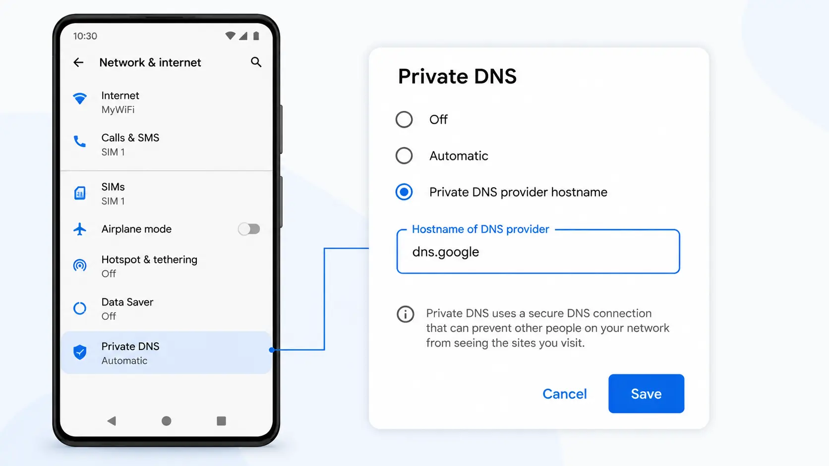 Android 15 プライベートDNS設定で dns.google をホスト名指定している画面