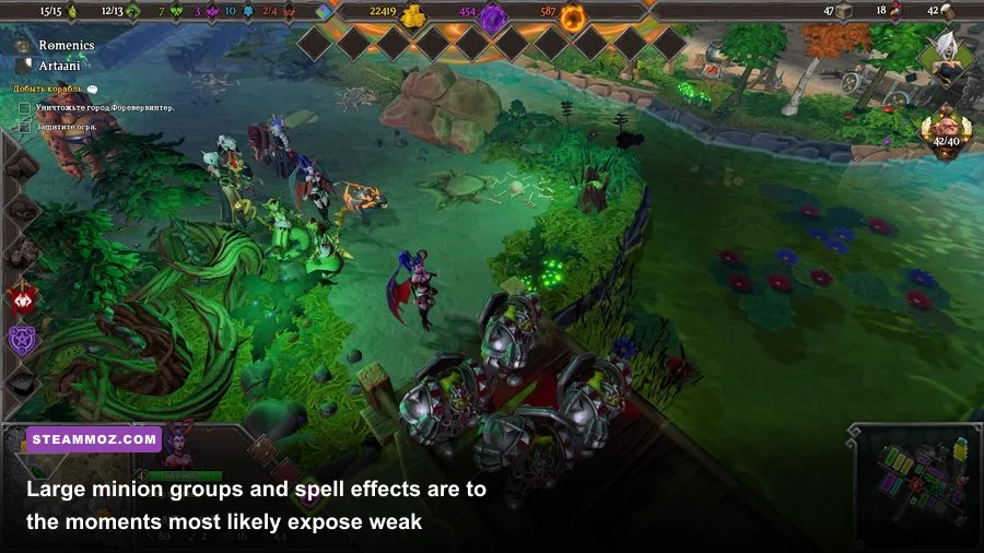 Dungeons 3 minion army fighting heroes near the Dungeon Heart