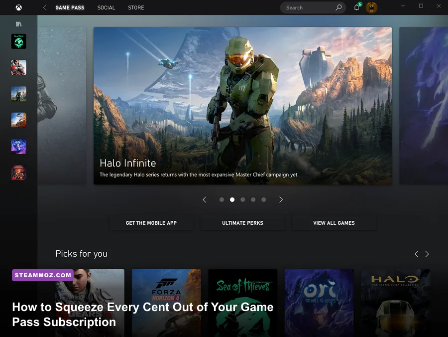 Xbox Game Pass Ultimate PC interface displaying catalog games and subscription options