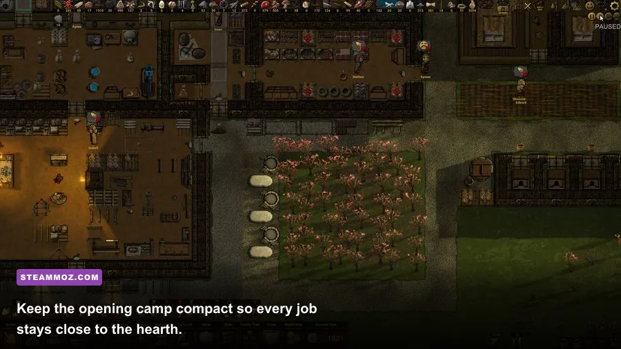 Clanfolk beginner camp with hearth stockpile and sleeping area