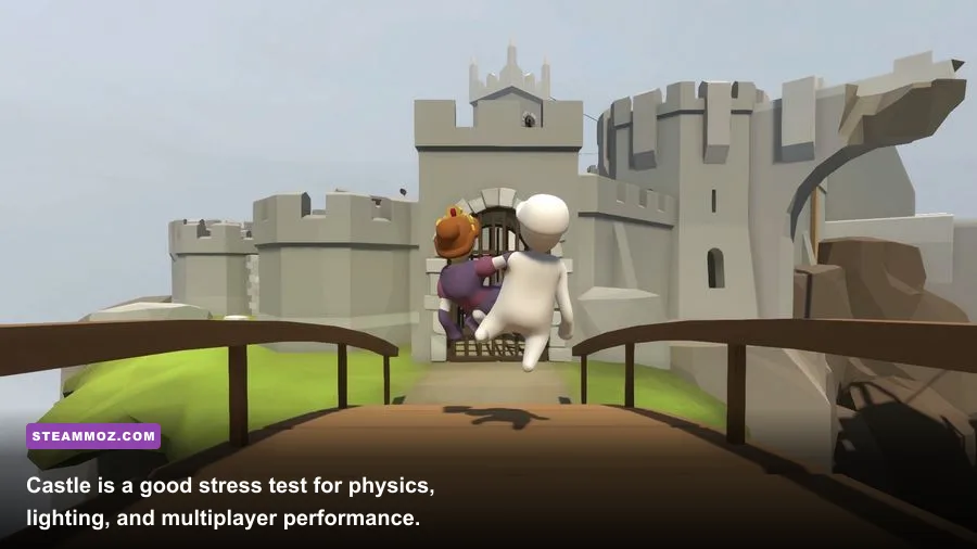 Human Fall Flat character climbing a castle level on PC