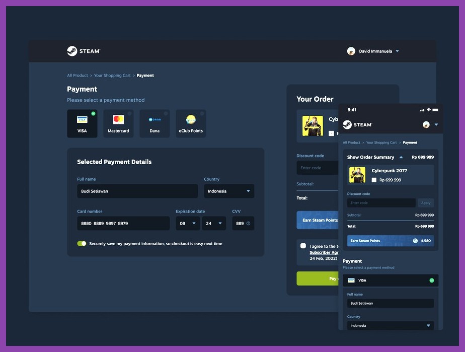 Steam store payment screen showing Steam Wallet and credit card options