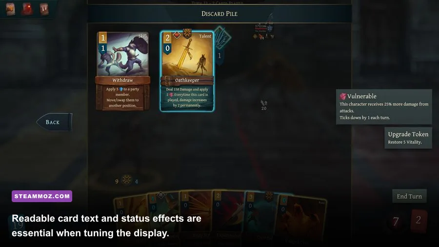 Banners of Ruin card combat with status effects and character abilities visible