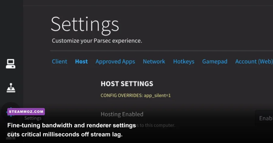 Parsec settings menu adjusting bandwidth, resolution, and H.265 codec options
