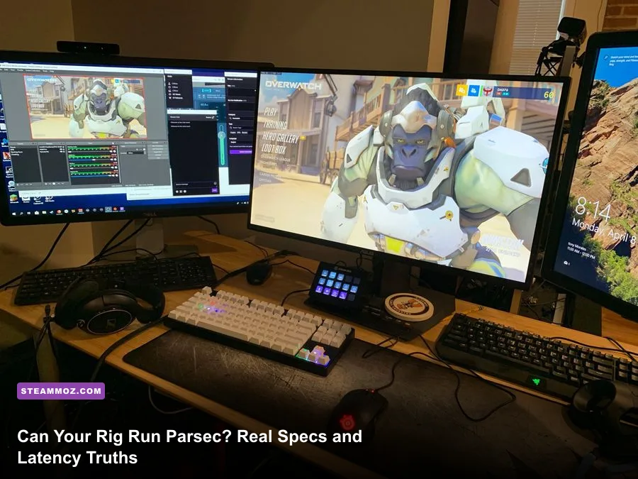 High performance dual-monitor PC setup running Parsec remote desktop streaming