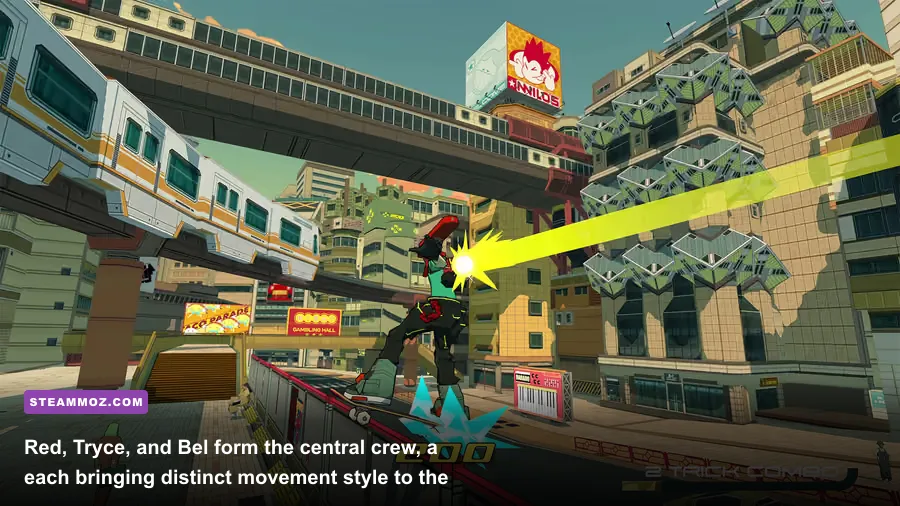 Red, Tryce, and Bel standing together in Bomb Rush Cyberfunk