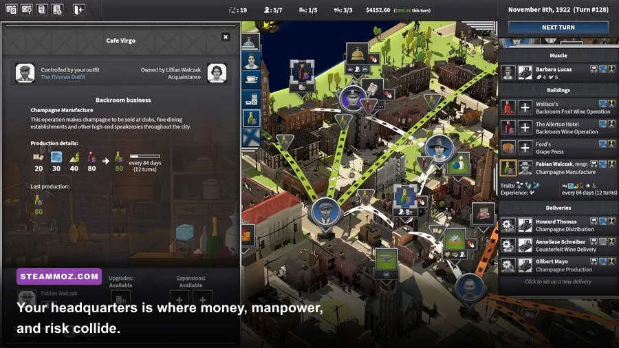 City of Gangsters headquarters with gangsters businesses and supply routes