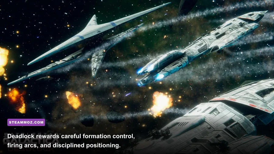 Colonial Battlestar fleet fighting Cylon ships in Battlestar Galactica Deadlock