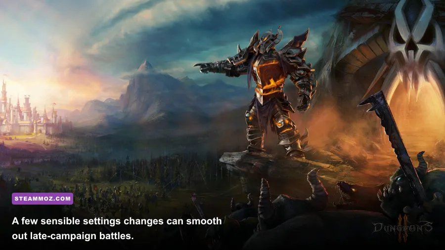 Dungeons 2 PC graphics settings menu showing resolution shadows and visual options