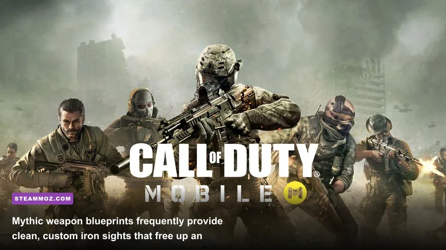 In-game inspect view of a Mythic weapon skin displaying a built-in holographic reticle in Call of Duty Mobile