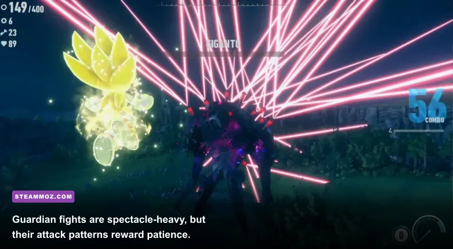 Sonic fighting the Giganto Guardian boss on Kronos Island in Sonic Frontiers