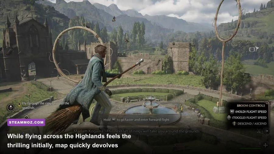 Player flying on a broomstick over the rolling hills and hamlets of the Scottish Highlands
