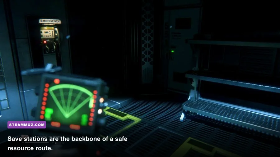 Alien Isolation save station and motion tracker inside Sevastopol