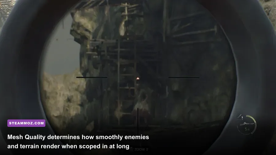Leon aiming down the scope of a rifle at distant cultists in Resident Evil 4
