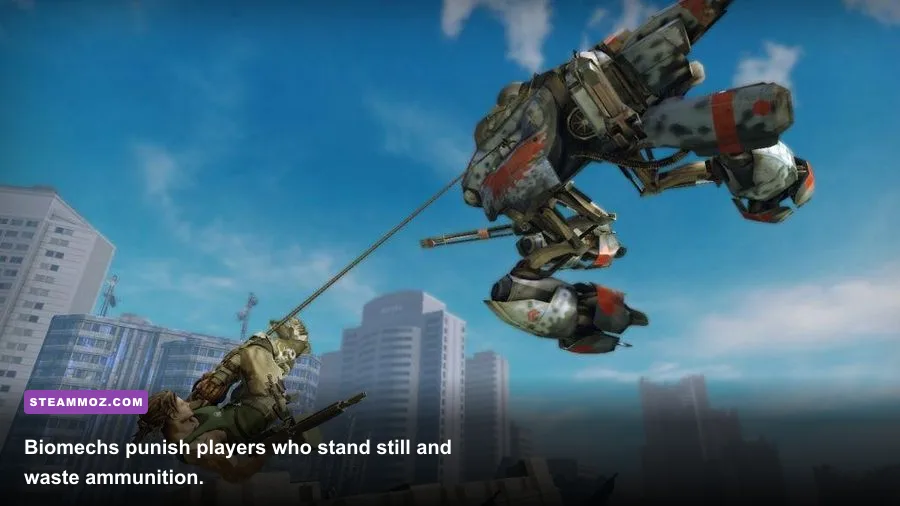 Nathan Spencer fights a Biomech enemy in Bionic Commando
