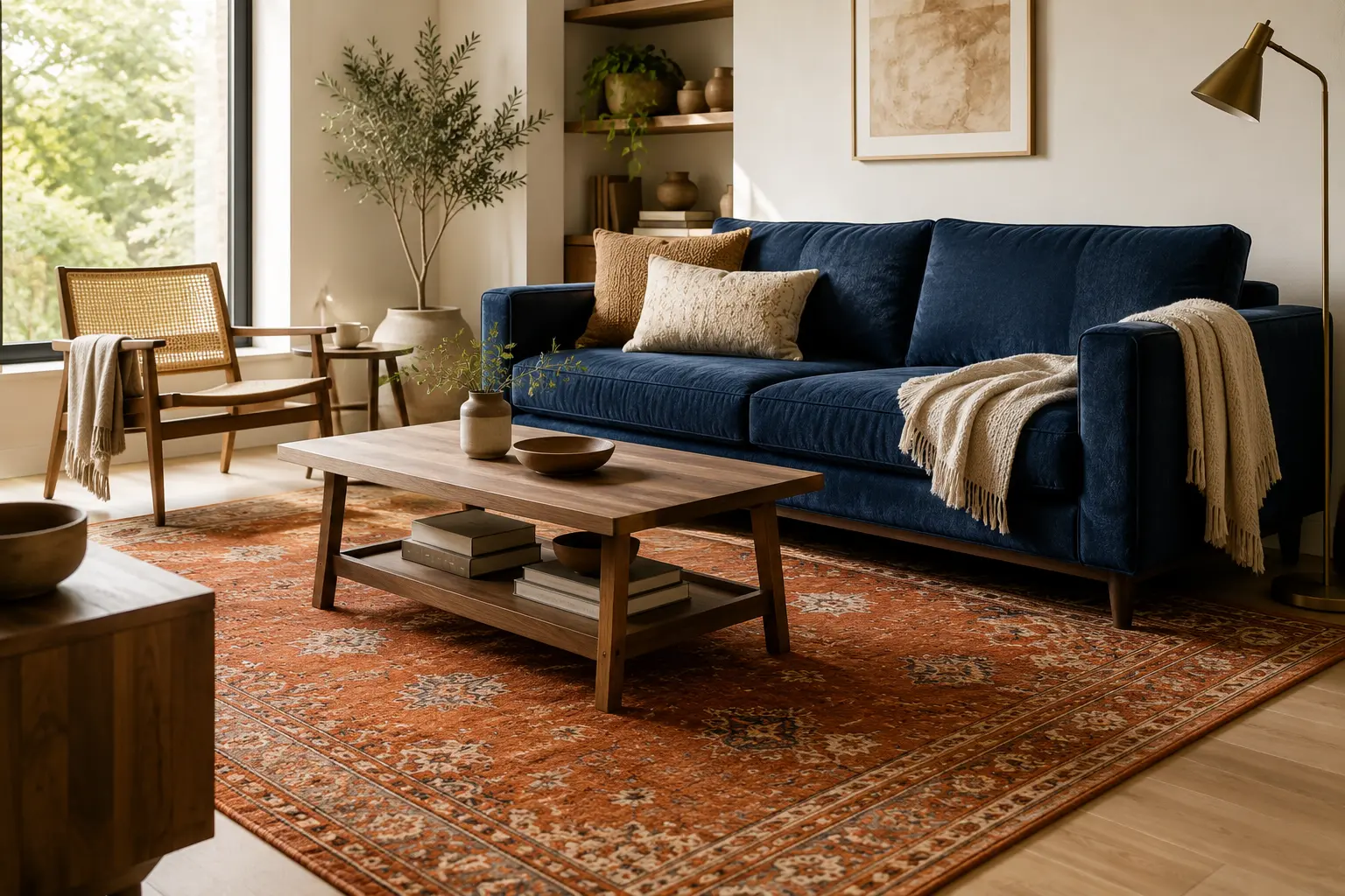 navy blue sofa paired with a rust-colored rug showing complementary color contrast