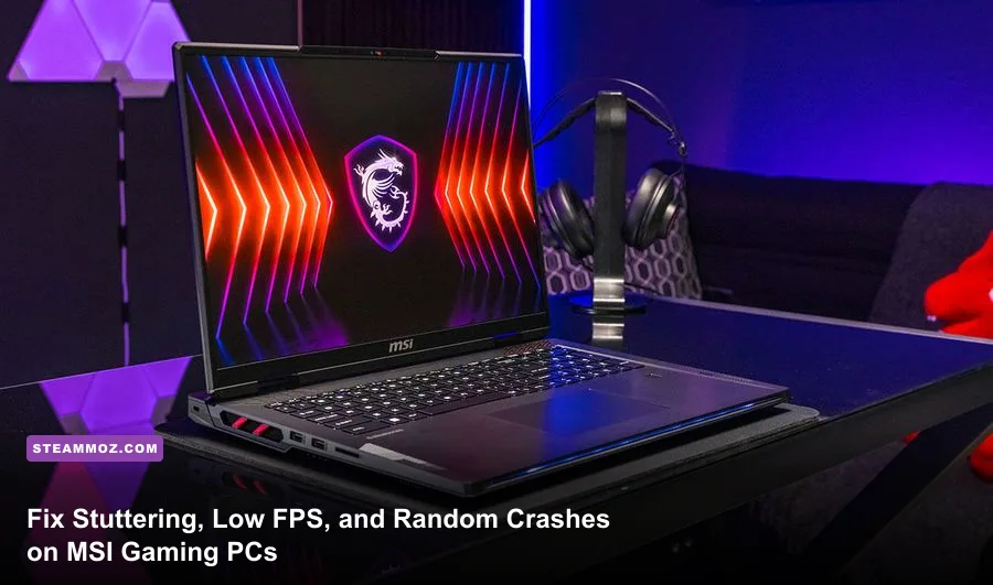 MSI gaming PC desktop and laptop setup running a high-end action game