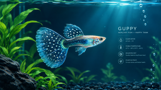 Illustration of a healthy guppy fish in aquarium