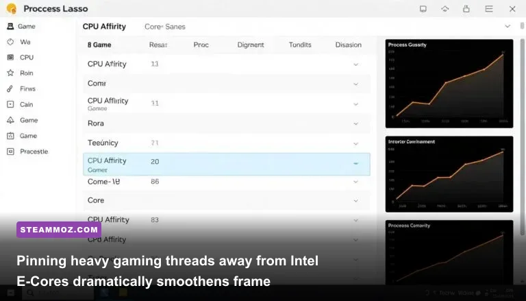 Process Lasso interface tuning CPU core affinity and thread priorities on Windows
