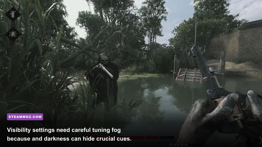 Hunt Showdown 1896 night fog weather effect across a dark bayou compound