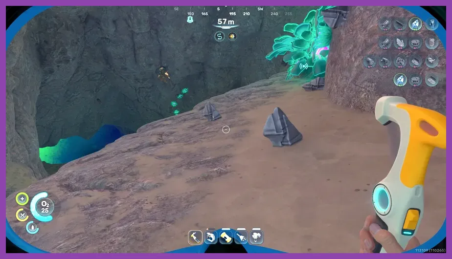 Subnautica 2 diver approaching a concealed underwater cave entrance