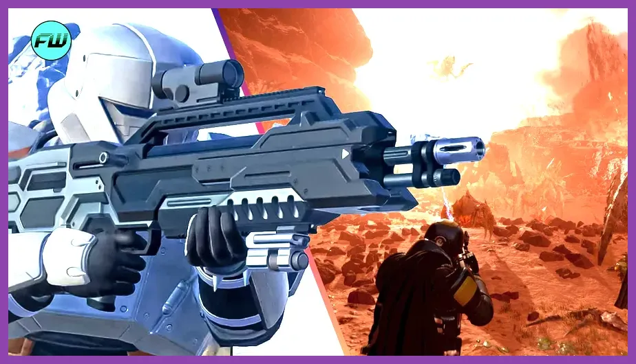 Helldivers 2 soldier firing AG-43 Assault Rifle in squad