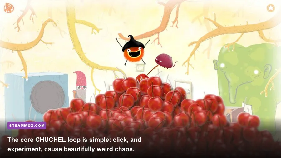 CHUCHEL gameplay showing the hairy orange character trying to reach a cherry