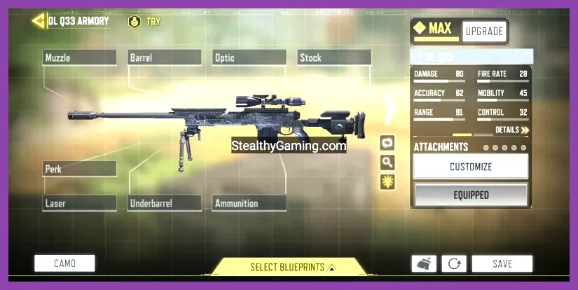 DL Q33 sniper rifle starter build attachments in Call of Duty Mobile