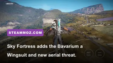 Just Cause 3 Sky Fortress DLC gameplay showing Rico using the Bavarium wingsuit