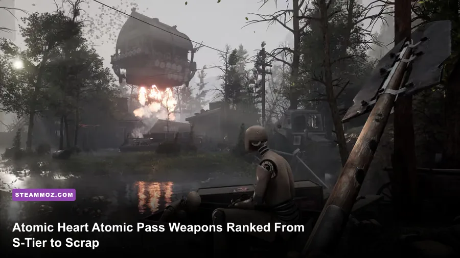 Atomic Heart Atomic Pass hero screenshot showing a combat arena and futuristic weapons