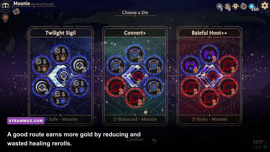 Astrea Six-Sided Oracles map route leading to a gold reward and shop