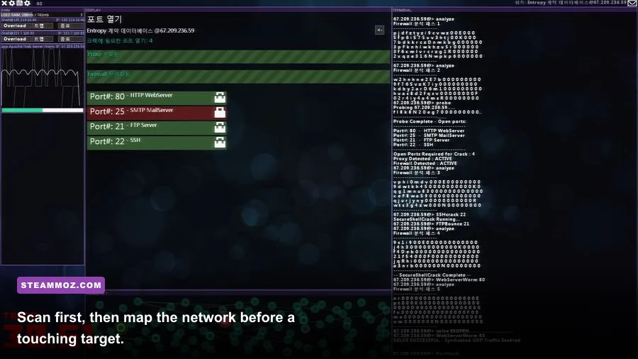 Hacknet player scanning a fictional network map with connected nodes