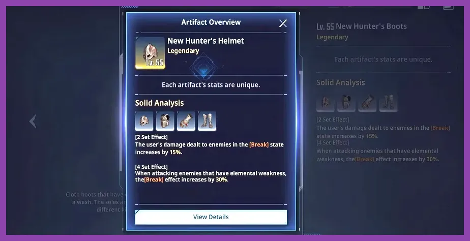 Solid Foundation armor artifact set displayed in the Solo Leveling ARISE inventory
