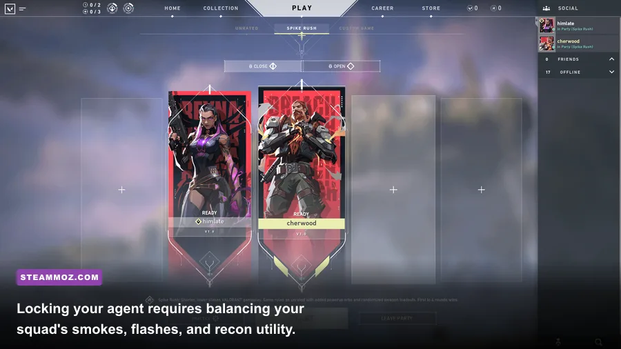 Valorant agent select screen displaying Duelists, Initiators, Controllers, and Sentinels