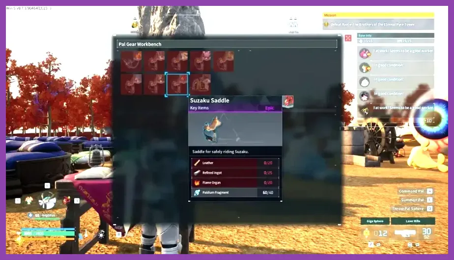 Palworld inventory menu showing crafting materials like Leather and Paldium Fragments