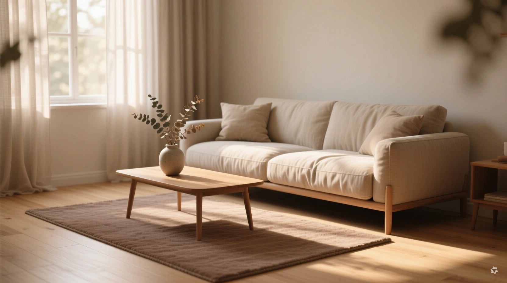 living room sofa and armchairs with all furniture legs resting on a large neutral area rug