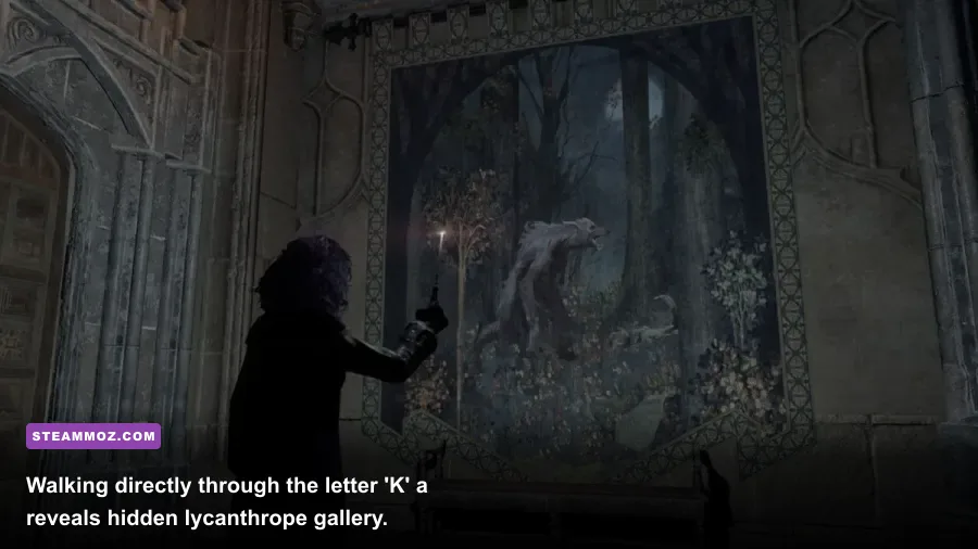 Secret doorway hidden behind the letter K werewolf tapestry in Hogwarts Legacy