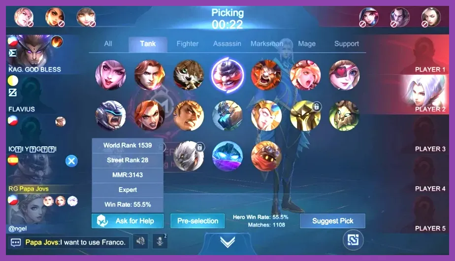 Mobile Legends lobby showing balanced team composition draft