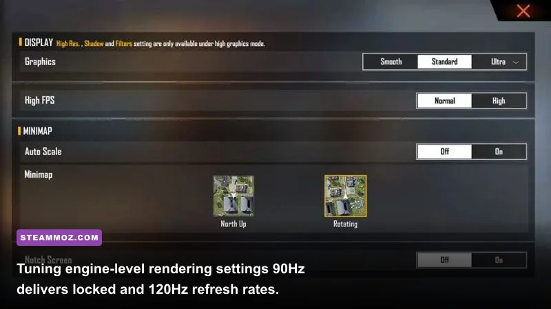 Free Fire MAX graphic display settings menu with ultra textures and high FPS toggles