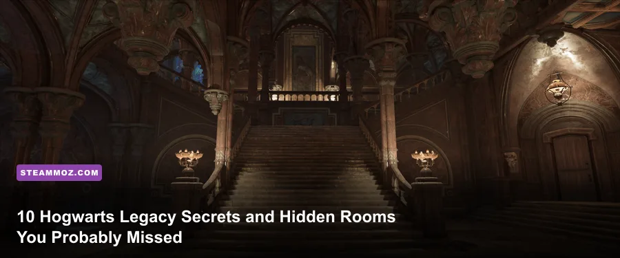 Interior view of Hogwarts castle showcasing gothic architecture and hidden staircases