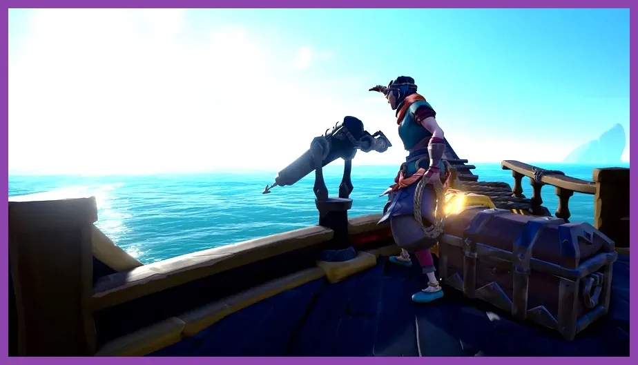 A rowboat carrying treasure beside a Sea of Thieves ship