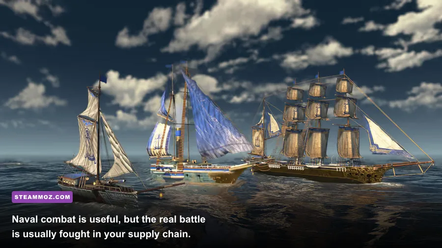 Anno 1800 warships battling near an island during a naval campaign